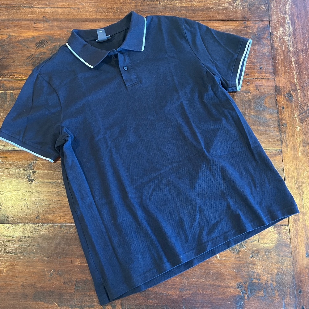 H&M Slim Fit Navy Blue White Trim Short Sleeve Polo Shirt L